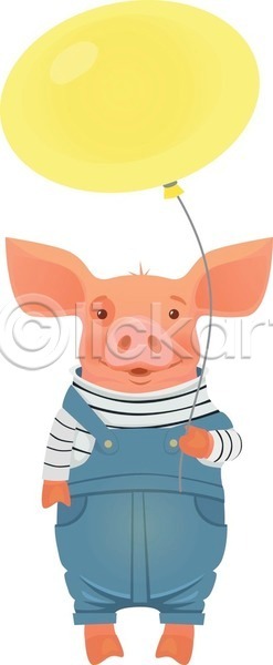 귀여움 사람없음 EPS 일러스트 해외이미지 돼지 돼지캐릭터 들기 멜빵바지 미소(표정) 풍선 한마리