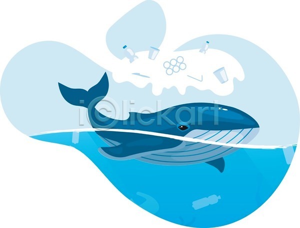 사람없음 EPS 일러스트 해외이미지 고래 바다 파란색 한마리 해양쓰레기 해양오염