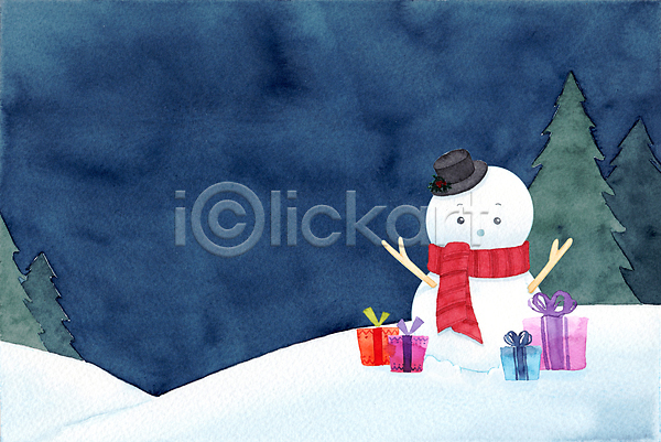 사람없음 JPG 일러스트 포토 해외이미지 12월 겨울 눈사람 디자인 백그라운드 선물 수채화(물감) 카피스페이스 크리스마스 풍경(경치)