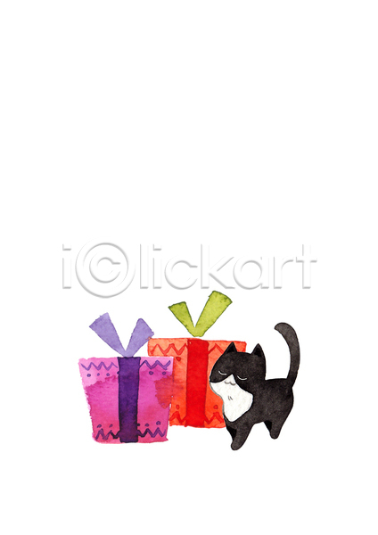 사람없음 JPG 포토 해외이미지 고양이 그림 선물상자 수채화(물감) 한마리