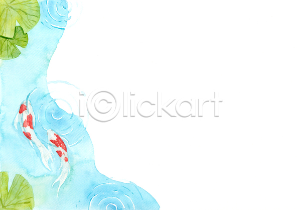 사람없음 JPG 포토 해외이미지 그림 두마리 비단잉어 수채화(물감) 연잎 카피스페이스