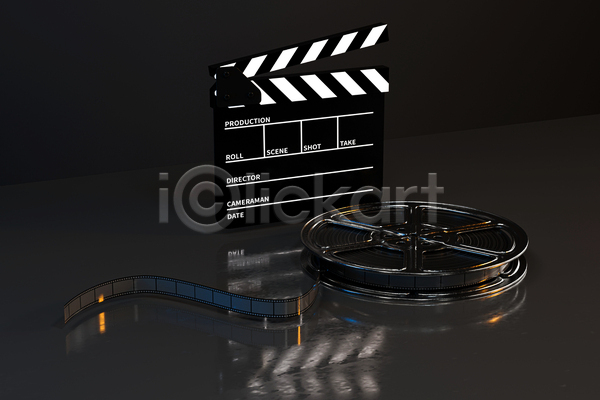 사람없음 3D JPG 포토 해외이미지 검은배경 반사 실내 영화 영화소품 클래퍼보드 필름