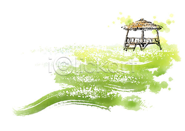 사람없음 PSD 일러스트 고건축 붓터치 오두막 전통 정자(건축물) 초록색 초원(자연) 캘리그라피
