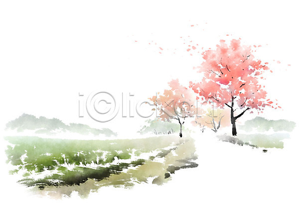 사람없음 PSD 일러스트 꽃 꽃나무 나무 논 벚꽃 봄 분홍색 붓터치 산 산책로 시골 시골길 초록색 캘리그라피
