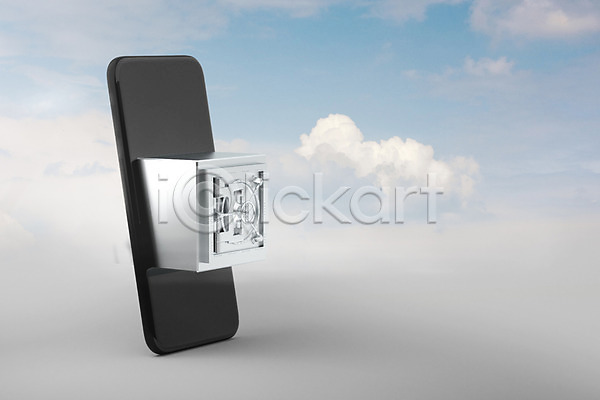 스마트 사람없음 3D PSD 디지털합성 편집이미지 구름(자연) 금고 금융 금융거래 모바일뱅킹 목업 비즈니스 스마트뱅킹 스마트폰 은행(금융) 정보기술 핀테크 하늘