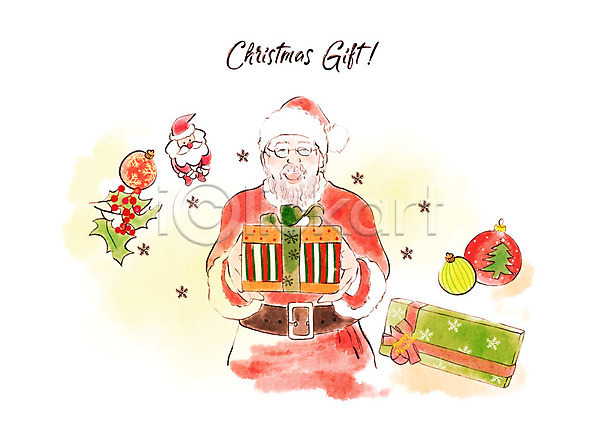 따뜻함 남자 노년 노인남자한명만 사람 한명 PSD 일러스트 눈꽃 미소(표정) 빨간색 산타인형 산타클로스 상반신 선물 선물상자 오너먼트 웃음 초록색 크리스마스