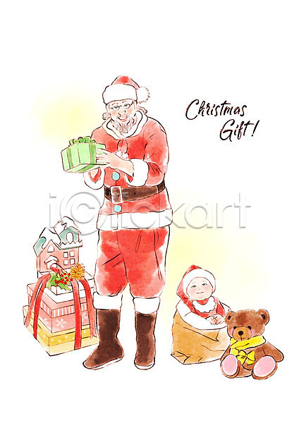 따뜻함 남자 남자만 노년 두명 사람 아기 PSD 일러스트 곰인형 미소(표정) 보따리 빨간색 산타클로스 상반신 선물 선물상자 전신 컬러풀 크리스마스