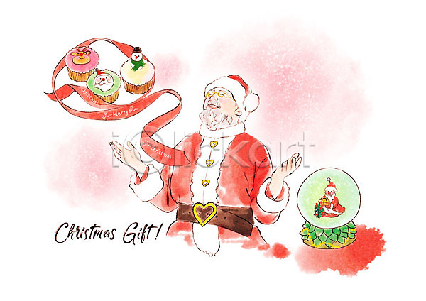 따뜻함 남자 노년 노인남자한명만 사람 한명 PSD 일러스트 리본 미소(표정) 분홍색 빨간색 산타클로스 상반신 스노글로브 컵케이크 크리스마스