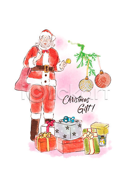 따뜻함 남자 노년 노인남자한명만 사람 한명 PSD 일러스트 미소(표정) 보따리 빨간색 산타클로스 선물 선물상자 오너먼트 전신 컬러풀 크리스마스 크리스마스종