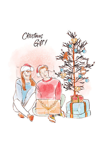 따뜻함 남자 두명 사람 성인 성인만 여자 PSD 일러스트 미소(표정) 빨간색 산타모자 선물 선물상자 앉기 전신 커플 크리스마스 크리스마스트리 파란색