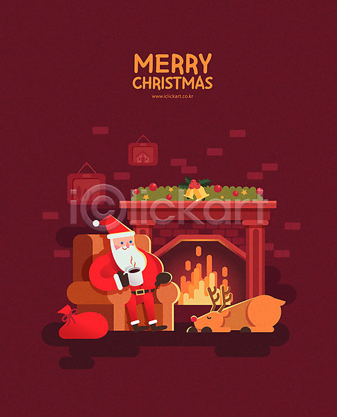 행복 휴식 남자 노년 노인남자한명만 사람 한명 AI(파일형식) 일러스트 겨울 루돌프 모닥불 벽난로 보따리 산타클로스 소파 앉기 자주색 전신 캐릭터 커피 컵 크리스마스 크리스마스장식