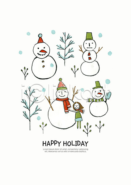 행복 여자 한명 PSD 일러스트 겨울 나무 나뭇가지 눈(날씨) 눈사람 목도리 빨간색 수채화(물감) 숲 스노우맨 인형 장갑 크리스마스
