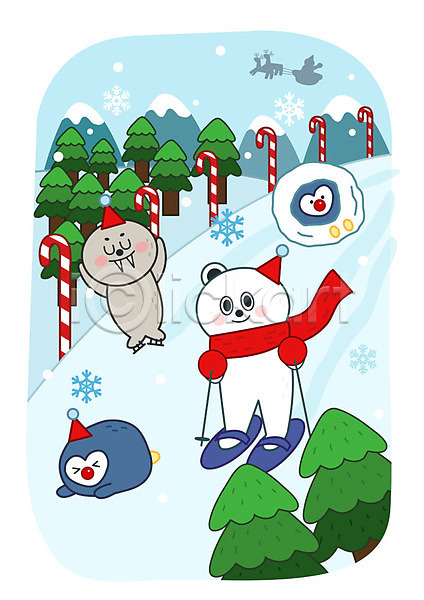 따뜻함 즐거움 사람없음 AI(파일형식) 일러스트 겨울 구르기 나무 넘어짐 눈덩이 눈덮임 눈송이 동물캐릭터 물개 미소(표정) 북극곰 스케이트 스키 언덕 캐릭터 크리스마스 크리스마스지팡이 펭귄