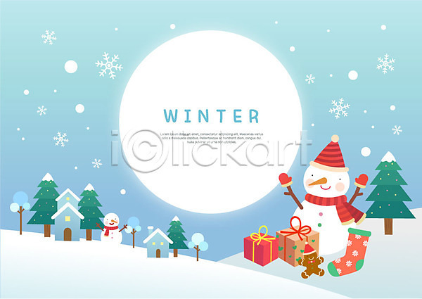 즐거움 사람없음 AI(파일형식) 일러스트 겨울 나무 눈(날씨) 눈사람 눈송이 선물 선물상자 언덕 원형프레임 주택 진저맨 크리스마스 크리스마스양말 파란색 프레임