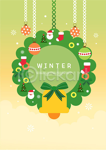 사람없음 AI(파일형식) 일러스트 겨울 눈(날씨) 리본 산타클로스 양말 오너먼트 원형프레임 장식 종 초록색 크리스마스 크리스마스리스 크리스마스종 프레임