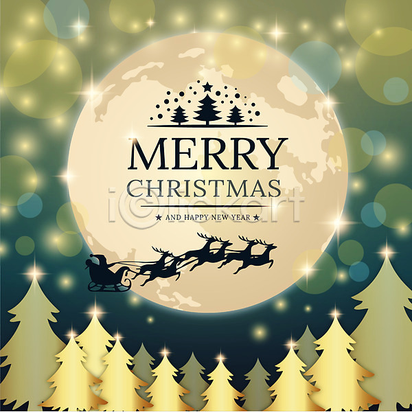 사람없음 AI(파일형식) 실루엣 일러스트 금색 달 루돌프 백그라운드 보케 빛 산타클로스 소나무 썰매 연두색 원형 크리스마스 크리스마스트리