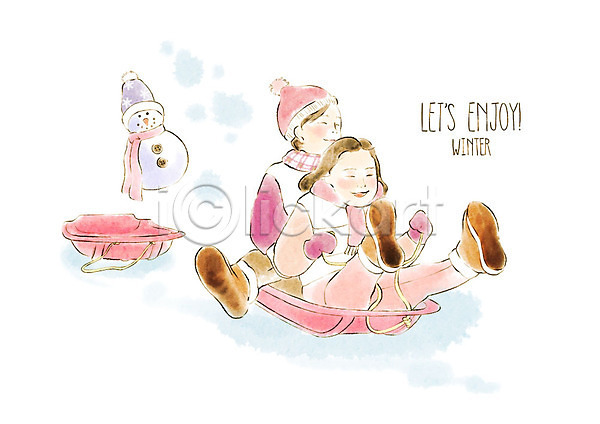 즐거움 행복 남자 두명 사람 어린이 여자 PSD 일러스트 겨울 남매 놀이 눈사람 분홍색 수채화(물감) 썰매 전신