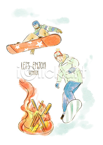 행복 남자 두명 사람 성인 PSD 일러스트 겨울 겨울스포츠 놀이 모닥불 모션 수채화(물감) 스노우보드 전신 점프 주황색 파란색