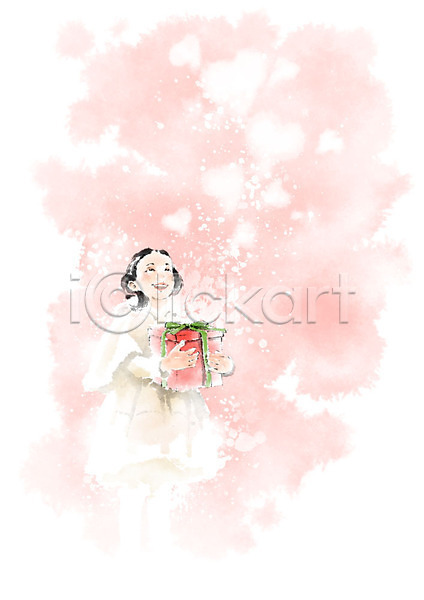 따뜻함 사람 어린이 여자 한명 PSD 일러스트 겨울 들기 미소(표정) 분홍색 붓터치 서기 선물상자 응시 전신 캘리그라피