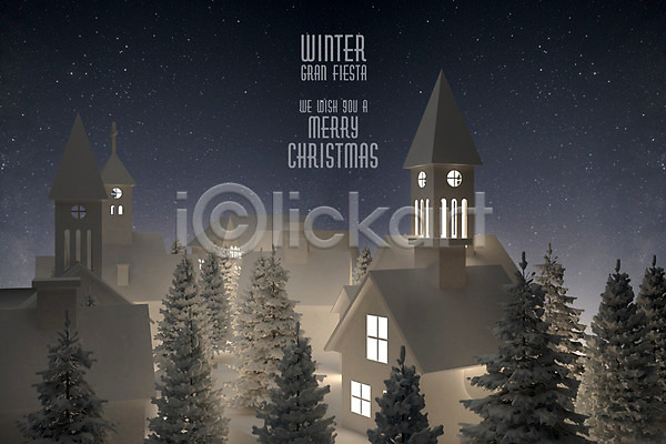 따뜻함 사람없음 3D PSD 디지털합성 편집이미지 건물 겨울 교회 나무 마을 백그라운드 별 빛 야경 종이 크리스마스 페이퍼아트 하늘