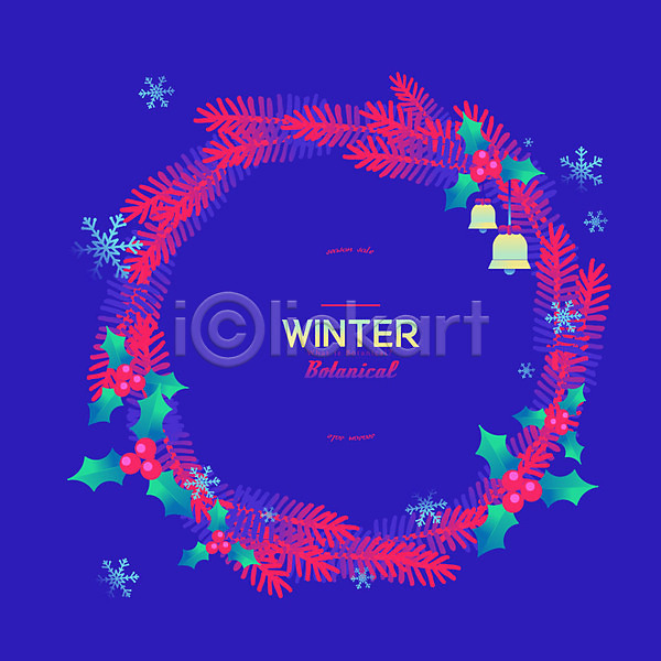 사람없음 AI(파일형식) 일러스트 겨울 꽃프레임 눈(날씨) 눈송이 빨간색 솔잎 식물 열매 잎 장식 컬러풀 크리스마스종 파란색 프레임