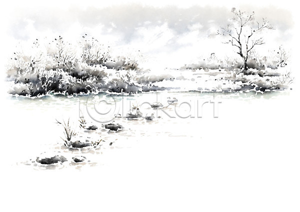 고요 사람없음 PSD 일러스트 강 겨울 겨울풍경 나무 눈(날씨) 돌다리 번짐 붓터치 숲 시골 얼음 캘리그라피 풍경(경치)
