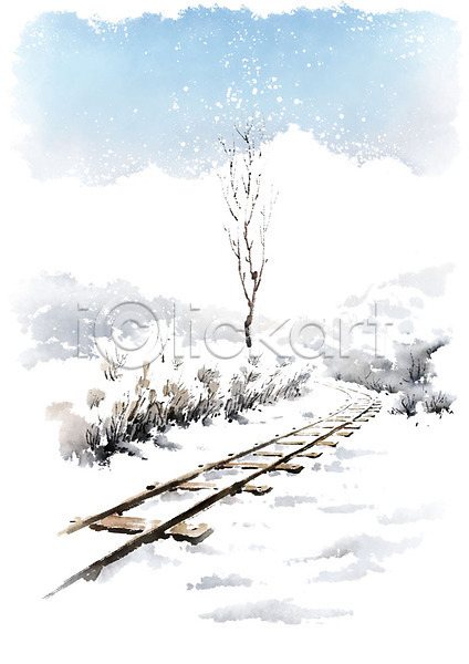 고요 사람없음 PSD 일러스트 겨울 겨울풍경 기찻길 나무 눈(날씨) 눈내림 번짐 붓터치 산 숲 캘리그라피 풍경(경치) 하늘