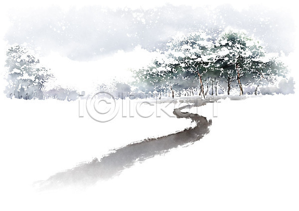 고요 사람없음 PSD 일러스트 겨울 겨울풍경 길 나무 눈(날씨) 눈덮임 번짐 붓터치 산 숲 자연 초원(자연) 캘리그라피 풍경(경치)