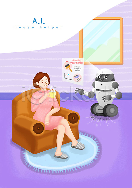 도움 여유 휴식 사람 성인 성인여자한명만 여자 한명 PSD 일러스트 4차산업 AI(인공지능) 보여주기 소파 스크린 앉기 전신 창문 청소 청소로봇 커피