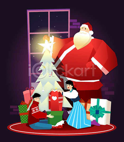 즐거움 행복 남자 노년 사람 세명 어린이 여자 AI(파일형식) 일러스트 겨울 미소(표정) 별 산타클로스 상반신 선물 선물상자 앉기 옷 웃음 장식 전신 창가 크리스마스 크리스마스트리