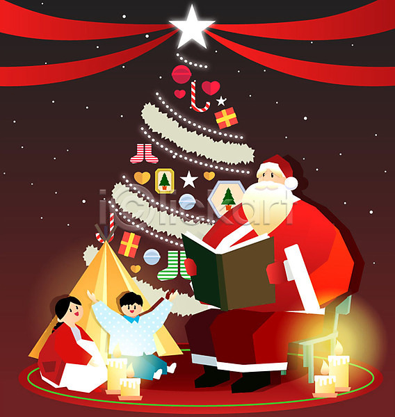 즐거움 행복 남자 노년 사람 세명 어린이 여자 AI(파일형식) 일러스트 겨울 겨울캠프 눈(날씨) 독서 별 산타클로스 손들기 앉기 웃음 의자 장식 전신 촛불 크리스마스 크리스마스트리 텐트