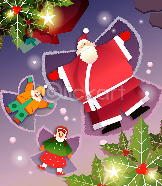 즐거움 행복 남자 노년 사람 세명 어린이 여자 AI(파일형식) 일러스트 겨울 놀이 눈(날씨) 눕기 미소(표정) 산타클로스 설원 웃음 전신 조명 천사 천사날개 크리스마스 포인세티아