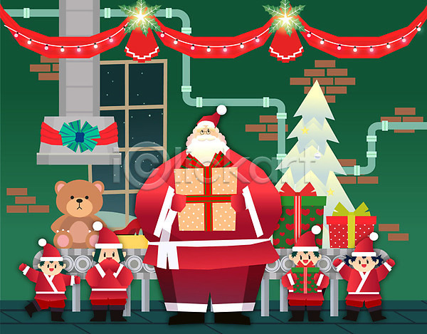 즐거움 행복 남자 노년 사람 어린이 여러명 여자 AI(파일형식) 일러스트 겨울 곰인형 들기 산타옷 산타클로스 서기 선물 선물상자 웃음 전신 조명 창가 컨베이어 크리스마스 크리스마스장식 크리스마스트리