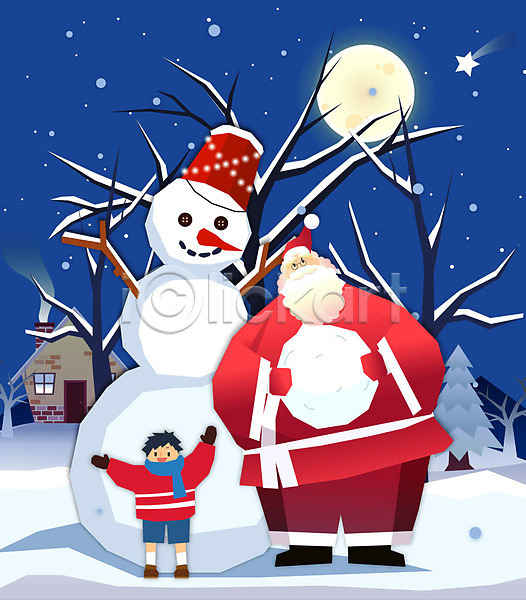 즐거움 행복 남자 노년 두명 사람 어린이 AI(파일형식) 일러스트 겨울 나무 나뭇가지 눈(날씨) 눈덩이 눈사람 눈사람만들기 달빛 미소(표정) 별 산타클로스 웃음 전신 주택 크리스마스