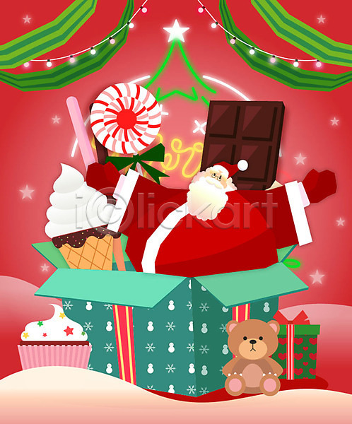 즐거움 행복 남자 노년 사람 한명 AI(파일형식) 일러스트 겨울 곰인형 막대사탕 산타클로스 상반신 선물 선물상자 웃음 조명 초콜릿 컵아이스크림 콘아이스크림 크리스마스