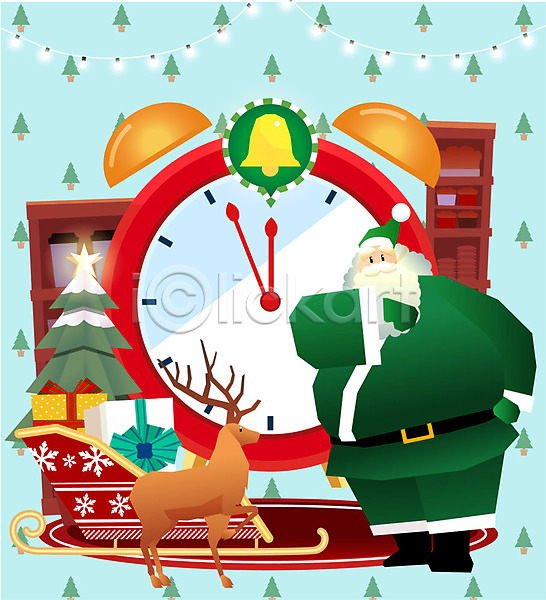즐거움 행복 남자 노년 노인남자한명만 사람 한명 AI(파일형식) 일러스트 겨울 루돌프 산타클로스 선물 선물상자 시계 썰매 웃음 이벤트 자명종 전신 조명 크리스마스 크리스마스트리