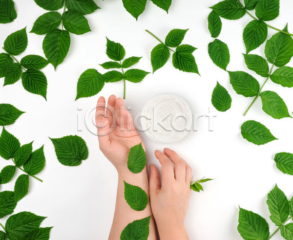 신체부위 JPG 포토 해외이미지 뷰티 손 손짓 실내 잎 크림 화장품 흰배경