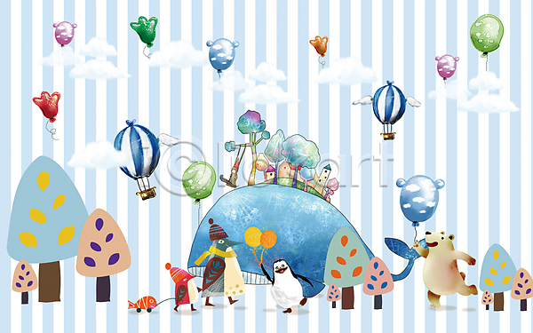 사람없음 JPG 포토 해외이미지 고래 나무 놀이방 동물캐릭터 디자인 백그라운드 벽지 열기구 자연 파란색 펭귄 풍선