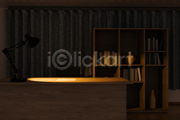 사람없음 3D JPG 포토 해외이미지 검은색 공간 빛 어둠 인테리어 책장 커튼 탁자