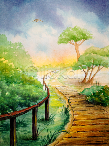사람없음 JPG 일러스트 해외이미지 구름(자연) 그림 나무 산책로 수채화(물감) 울타리 조류 풍경화 하늘 한마리