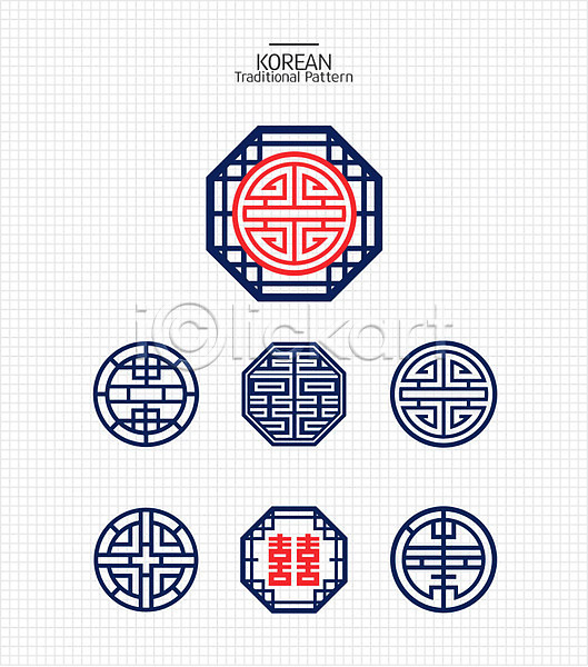 화려 사람없음 AI(파일형식) 일러스트 남색 빨간색 와당 와당문양 원형 전통무늬 전통문양 파란색 팔각형 패턴 한국 한국문화 한국전통