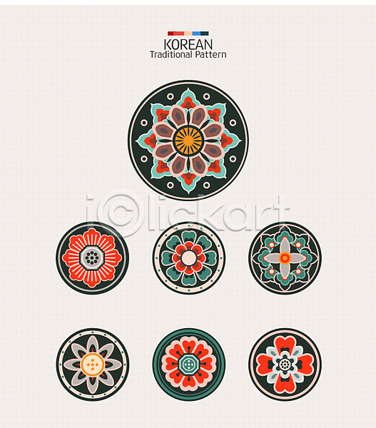 화려 사람없음 AI(파일형식) 일러스트 꽃무늬 와당 와당문양 원형 전통무늬 전통문양 컬러풀 패턴 한국 한국문화 한국전통