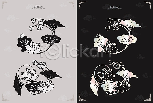 화려 사람없음 AI(파일형식) 일러스트 흑백 연꽃(꽃) 연잎 와당 와당문양 전통무늬 전통문양 패턴 한국 한국문화 한국전통