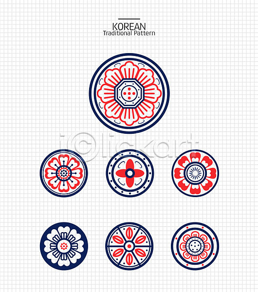 화려 사람없음 AI(파일형식) 일러스트 꽃무늬 남색 빨간색 와당 와당문양 전통무늬 전통문양 패턴 한국 한국문화 한국전통