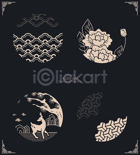 화려 사람없음 AI(파일형식) 일러스트 템플릿 흑백 구름모양 꽃 사슴 와당 와당문양 입체도형 전통무늬 전통문양 패턴 한국 한국문화 한국전통