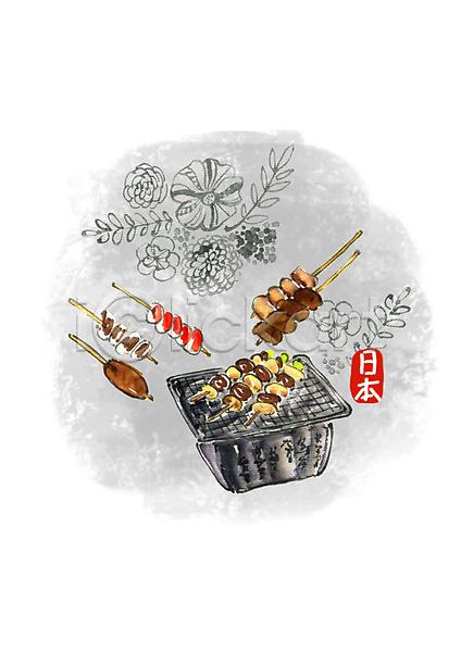사람없음 PSD 일러스트 꼬치 꼬치요리 꽃 나뭇잎 붓터치 수채화(물감) 요리 일본 일본음식 캘리그라피