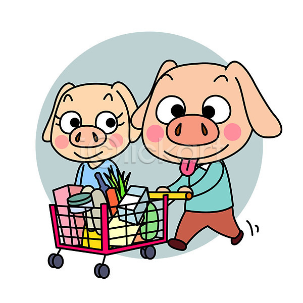 즐거움 사람없음 AI(파일형식) 일러스트 돼지 돼지캐릭터 두마리 새해 쇼핑 쇼핑몰 쇼핑카 음식 캐릭터