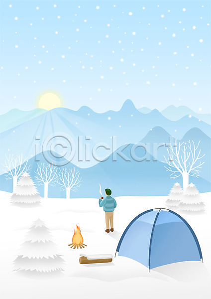 즐거움 남자 사람 성인 성인남자한명만 한명 PSD 일러스트 겨울 겨울캠프 겨울풍경 눈(날씨) 마시기 모닥불 산 새해 시작 야외 응시 일출 전신 캠핑 커피 컬러풀 텐트 파란색 풍경(경치) 힐링