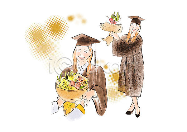 즐거움 축하 두명 사람 성인 여자 PSD 일러스트 꽃다발 노란색 대학교 미소(표정) 번짐 붓터치 상반신 수채화(물감) 전신 졸업 졸업가운 졸업식 학사모