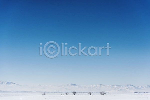 사람없음 JPG 포토 겨울 겨울풍경 나무 눈(날씨) 몽골 산 설경 설원 야외 자연 주간 파란색 하늘 해외풍경